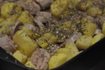 Frankfurter medister i ovn med kartofler og timian